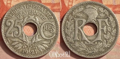 Франция 25 сантимов 1921 года, KM# 867a, 410o-076 ♛