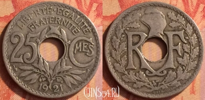 Франция 25 сантимов 1921 года, KM# 867a, 442o-087