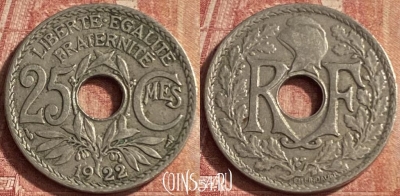 Франция 25 сантимов 1922 года, KM# 867a, 096p-021