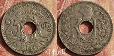 Франция 25 сантимов 1922 года, KM# 867a, 129p-027