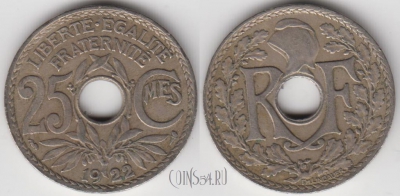 Франция 25 сантимов 1922 года, KM# 867a, 134-100