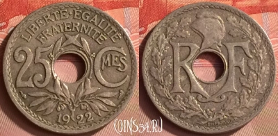 Франция 25 сантимов 1922 года, KM# 867a, 152m-127 ♛