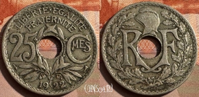 Франция 25 сантимов 1922 года, KM# 867a, 327s-048