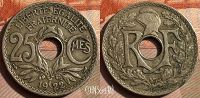 Франция 25 сантимов 1922 года, KM# 867a, 335s-003