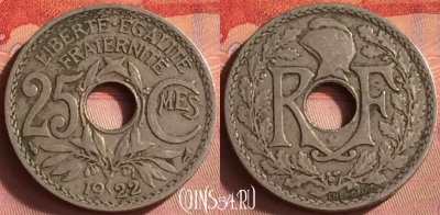 Франция 25 сантимов 1922 года, KM# 867a, 428o-120