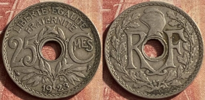 Франция 25 сантимов 1923 года, KM# 867a, 128p-035
