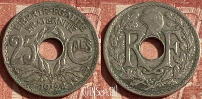 Франция 25 сантимов 1924 года, KM# 867a, 247p-121
