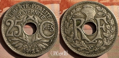 Франция 25 сантимов 1924 года, KM# 867a, 340s-105