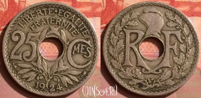 Франция 25 сантимов 1924 года, KM# 867a, 393o-047