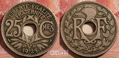 Франция 25 сантимов 1925 года, KM# 867a, 208-125