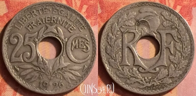 Франция 25 сантимов 1926 года, KM# 867a, 443o-102