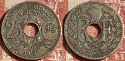Франция 25 сантимов 1928 года, KM# 867a, 224p-093
