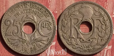 Франция 25 сантимов 1928 года, KM# 867a, 406-046