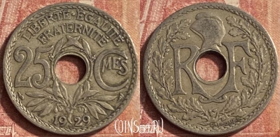 Франция 25 сантимов 1929 года, KM# 867a, 095p-006