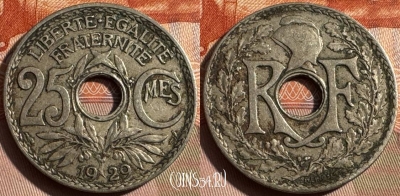 Франция 25 сантимов 1929 года, KM# 867a, 328s-088