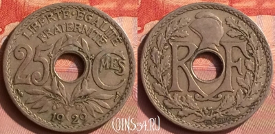 Франция 25 сантимов 1929 года, KM# 867a, 395o-033