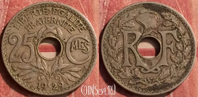 Франция 25 сантимов 1929 года, KM# 867a, 408-095