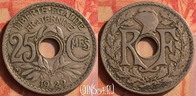 Франция 25 сантимов 1929 года, KM# 867a, 442o-141 ♛