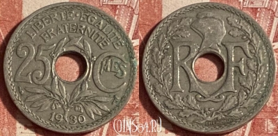 Франция 25 сантимов 1930 года, KM# 867a, 223p-074