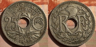 Франция 25 сантимов 1930 года, KM# 867a, 337s-082
