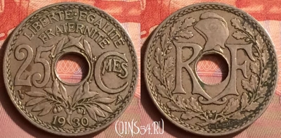 Франция 25 сантимов 1930 года, KM# 867a, 393o-059
