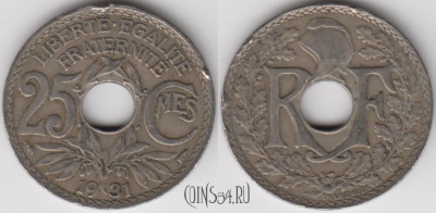 Франция 25 сантимов 1931 год, KM 867a, 123-109