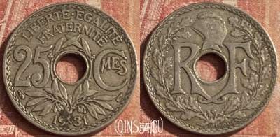 Франция 25 сантимов 1931 года, KM# 867a, 099p-081