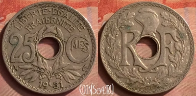 Франция 25 сантимов 1931 года, KM# 867a, 149m-102