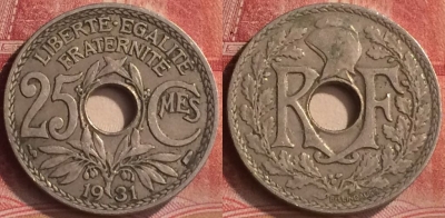 Франция 25 сантимов 1931 года, KM# 867a, 185m-040