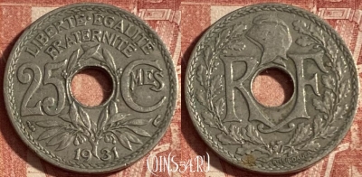 Франция 25 сантимов 1931 года, KM# 867a, 247p-054