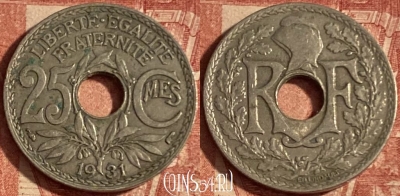 Франция 25 сантимов 1931 года, KM# 867a, 249p-021