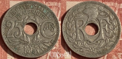 Франция 25 сантимов 1931 года, KM# 867a, 249p-063