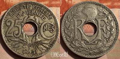Франция 25 сантимов 1931 года, KM# 867a, 327s-086 ♛