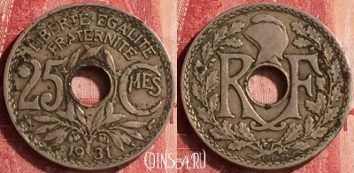 Франция 25 сантимов 1931 года, KM# 867a, 338o-124