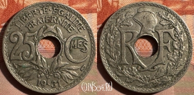Франция 25 сантимов 1931 года, KM# 867a, 349s-119