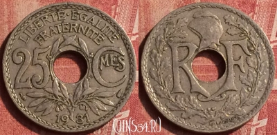 Франция 25 сантимов 1931 года, KM# 867a, 406-056