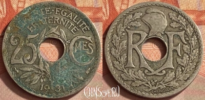 Франция 25 сантимов 1931 года, KM# 867a, 412o-045