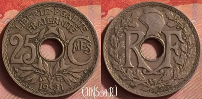 Франция 25 сантимов 1931 года, KM# 867a, 430o-031