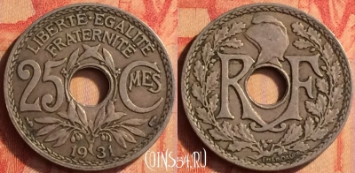 Франция 25 сантимов 1931 года, KM# 867a, 442o-038