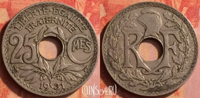 Франция 25 сантимов 1931 года, KM# 867a, 443o-075