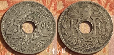 Франция 25 сантимов 1931 года, KM# 867a, 447o-118