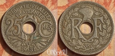 Франция 25 сантимов 1931 года, KM# 867a, 451o-092