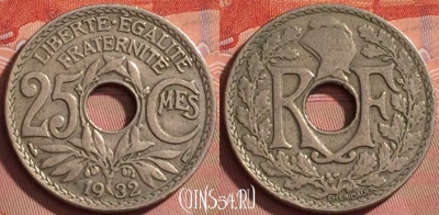 Франция 25 сантимов 1932 года, KM# 867a, 205l-134