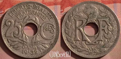 Франция 25 сантимов 1932 года, KM# 867a, 250k-098