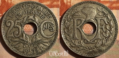 Франция 25 сантимов 1932 года, KM# 867a, 353s-086