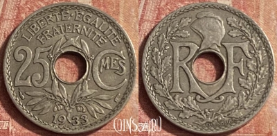 Франция 25 сантимов 1933 года, KM# 867a, 096p-036 ♛