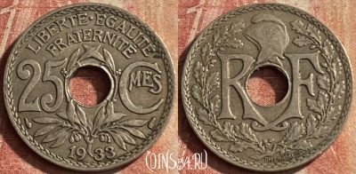Франция 25 сантимов 1933 года, KM# 867a, 121p-127