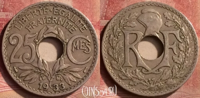 Франция 25 сантимов 1933 года, KM# 867a, 137m-098