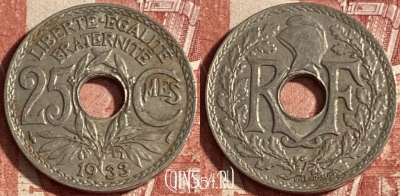 Франция 25 сантимов 1933 года, KM# 867a, 224p-125