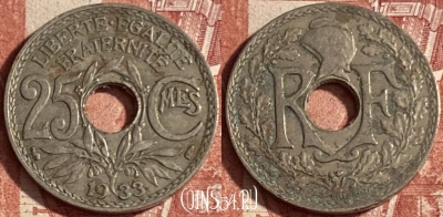Франция 25 сантимов 1933 года, KM# 867a, 226p-019